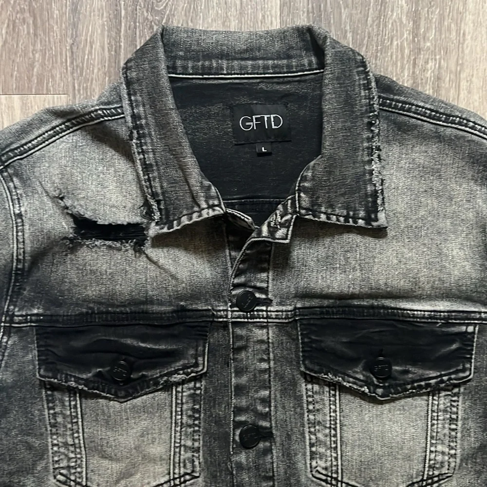 Giftd Tour Black and Red Jean Jacket Bandana Handmade Distressed Denim Large
